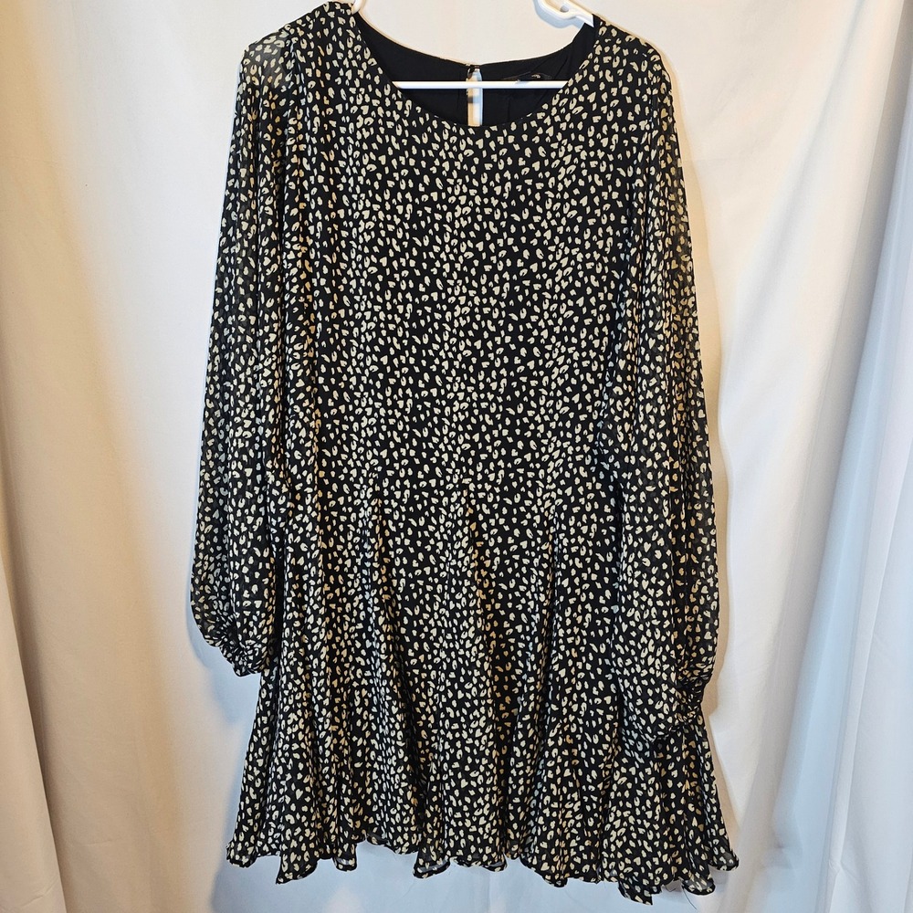 Mittoshop Babydoll Mini Dress Large Black Cream Animal Print Boho Balloon Sleeve